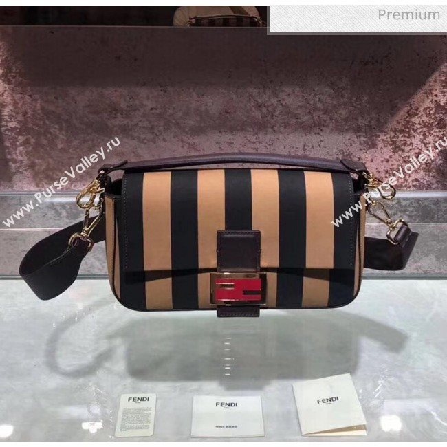 Fendi Baguette Medium Striped Leather Bag Light Brown/Black 2020 (AFEI-20030952)