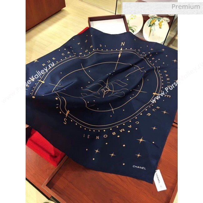 Chanel Silk Twill Star Print Square Scarf 110x110cm Navy Blue 2020 (HX-20031213)