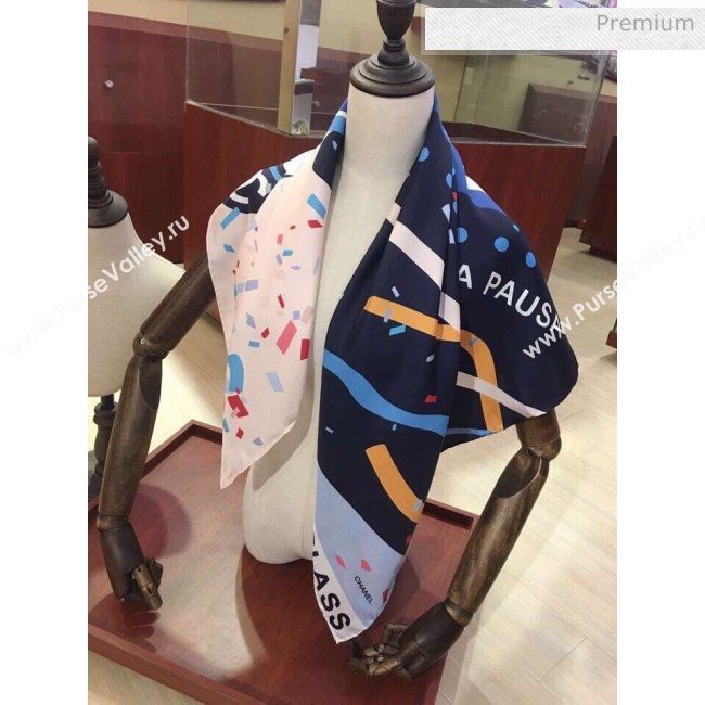 Chanel Silk Twill Ribbon Print Square Scarf  90x90cm Blue 2020 (HX-20031215)