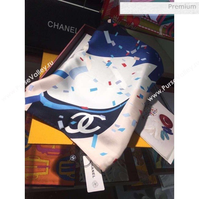 Chanel Silk Twill Ribbon Print Square Scarf  90x90cm Blue 2020 (HX-20031215)