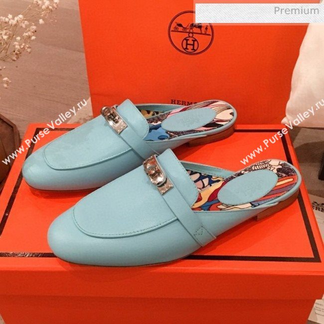 Hermes Classic Kelly Calfskin Flat Mules Blue 2020 (KL-200313011)