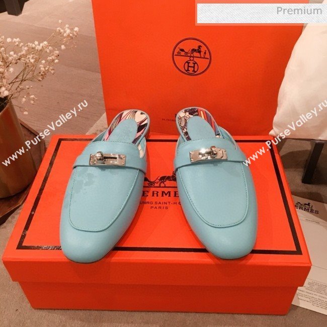 Hermes Classic Kelly Calfskin Flat Mules Blue 2020 (KL-200313011)