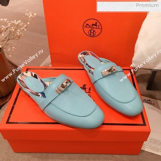 Hermes Classic Kelly Calfskin Flat Mules Blue 2020 (KL-200313011)