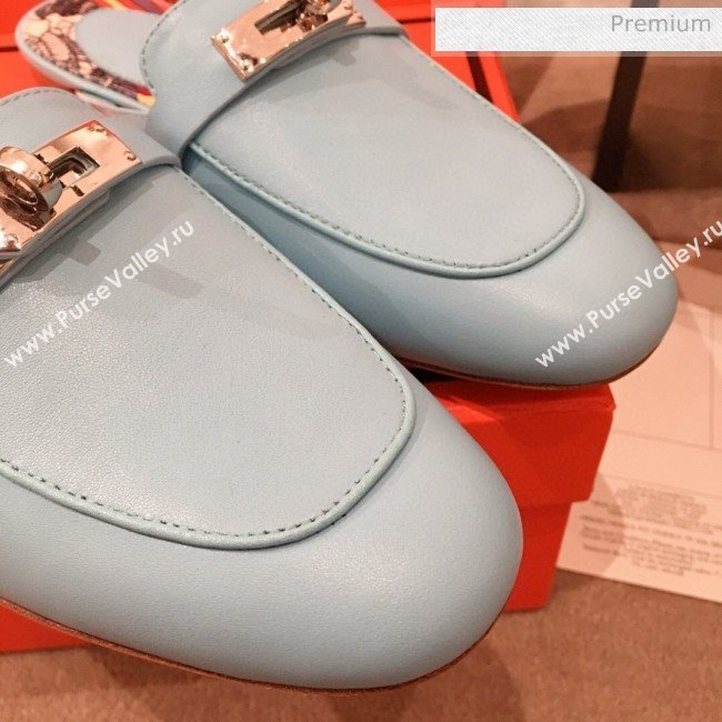 Hermes Classic Kelly Calfskin Flat Mules Blue 2020 (KL-200313011)