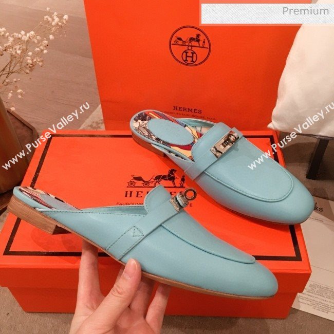 Hermes Classic Kelly Calfskin Flat Mules Blue 2020 (KL-200313011)