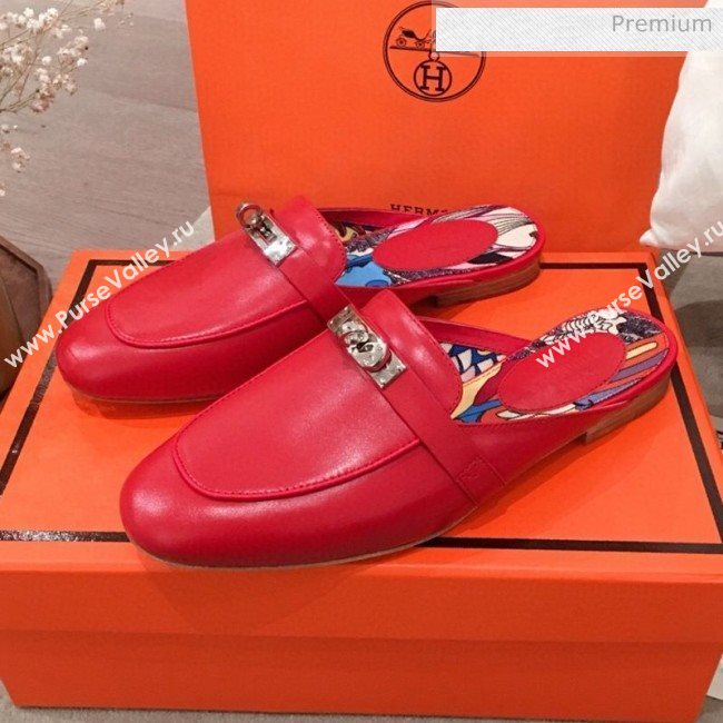 Hermes Classic Kelly Calfskin Flat Mules Red 2020 (KL-200313012)