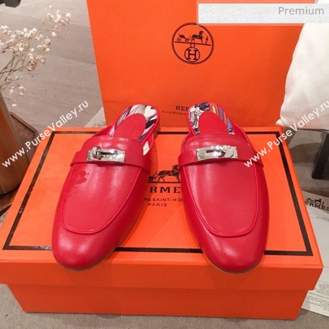 Hermes Classic Kelly Calfskin Flat Mules Red 2020 (KL-200313012)