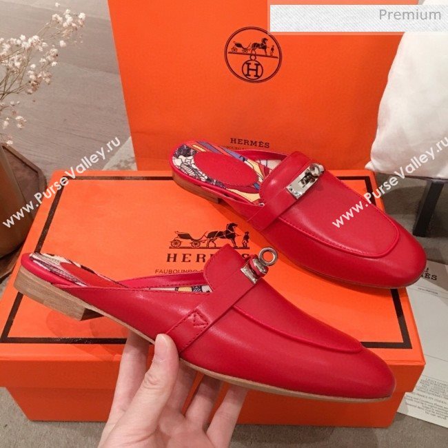 Hermes Classic Kelly Calfskin Flat Mules Red 2020 (KL-200313012)