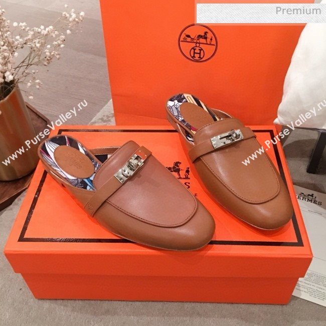 Hermes Classic Kelly Calfskin Flat Mules Brown 2020 (KL-20031309)