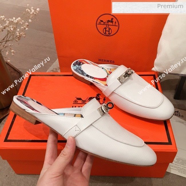 Hermes Classic Kelly Calfskin Flat Mules White 2020 (KL-20031308)