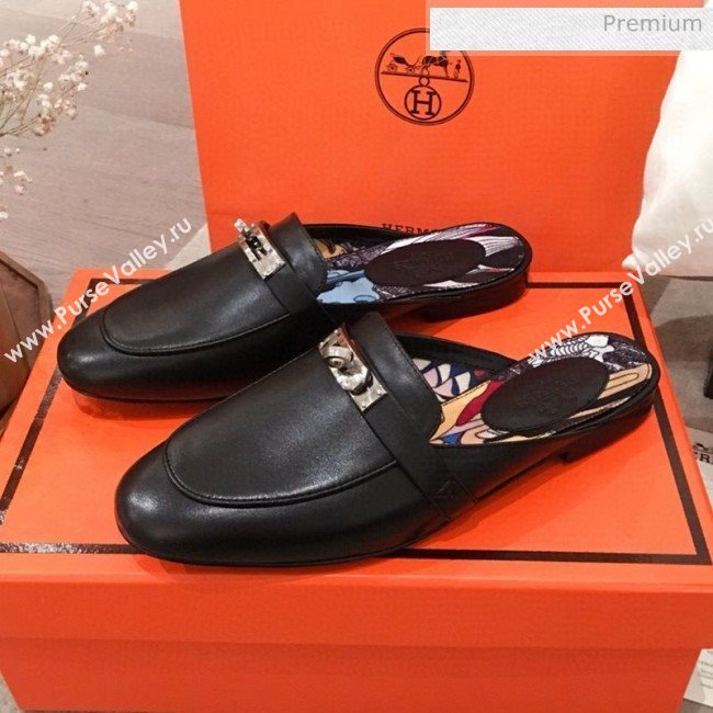 Hermes Classic Kelly Calfskin Flat Mules Black 2020 (KL-20031307)