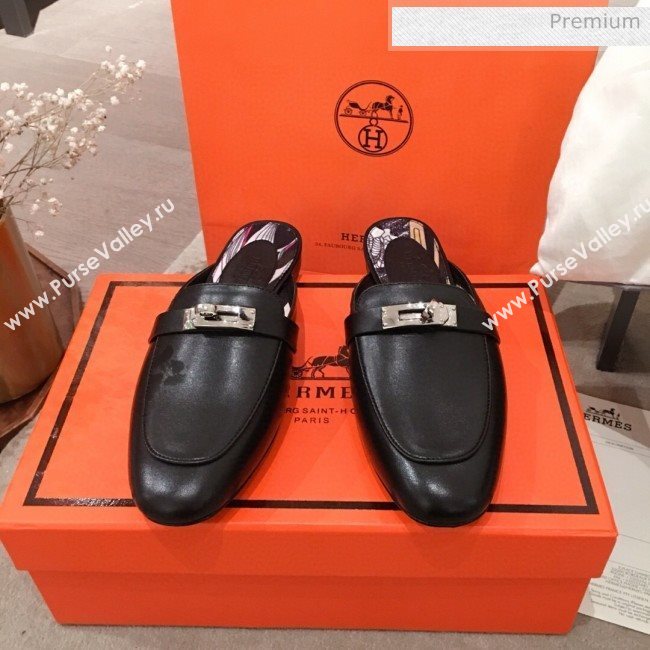 Hermes Classic Kelly Calfskin Flat Mules Black 2020 (KL-20031307)