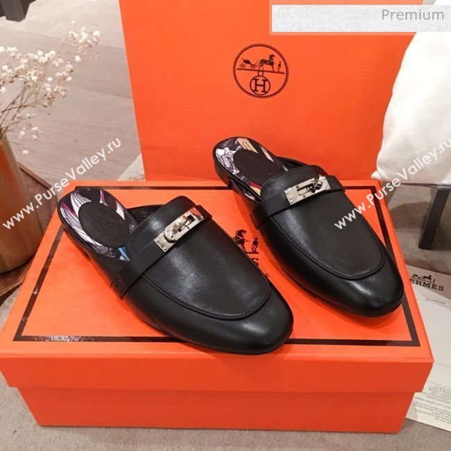 Hermes Classic Kelly Calfskin Flat Mules Black 2020 (KL-20031307)