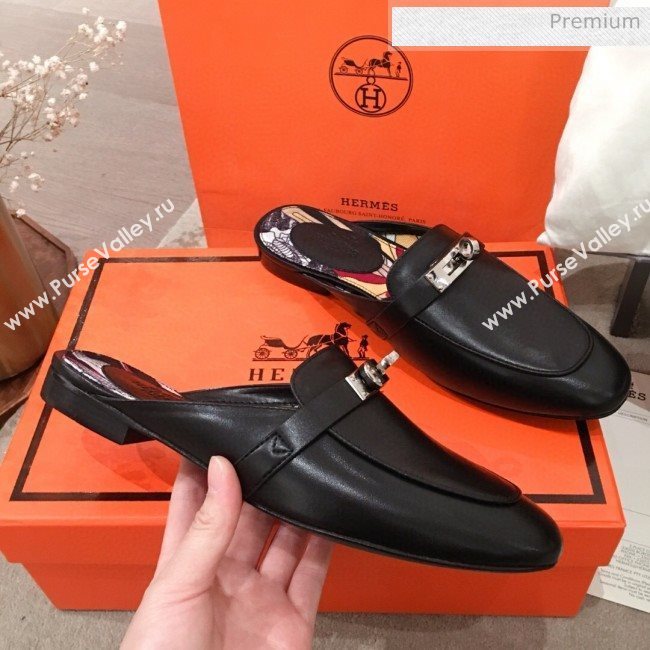 Hermes Classic Kelly Calfskin Flat Mules Black 2020 (KL-20031307)