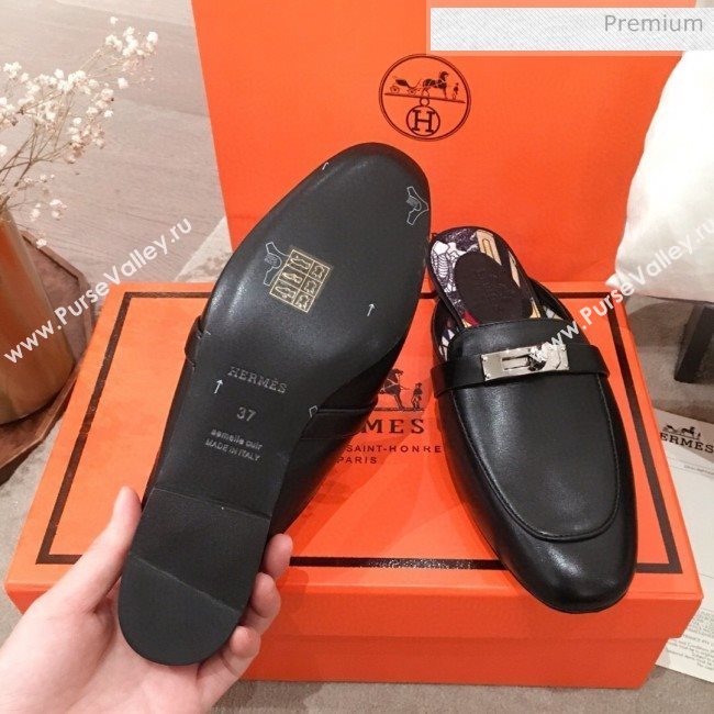 Hermes Classic Kelly Calfskin Flat Mules Black 2020 (KL-20031307)