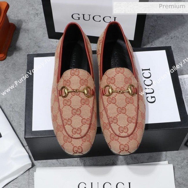 Gucci Jordaan Horsebit GG Canvas Flat Loafers Beige/Brick Red 2020 (MD-200313013)