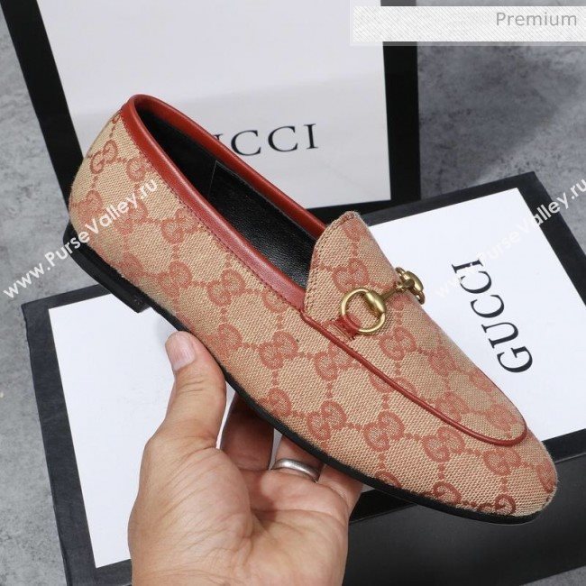 Gucci Jordaan Horsebit GG Canvas Flat Loafers Beige/Brick Red 2020 (MD-200313013)