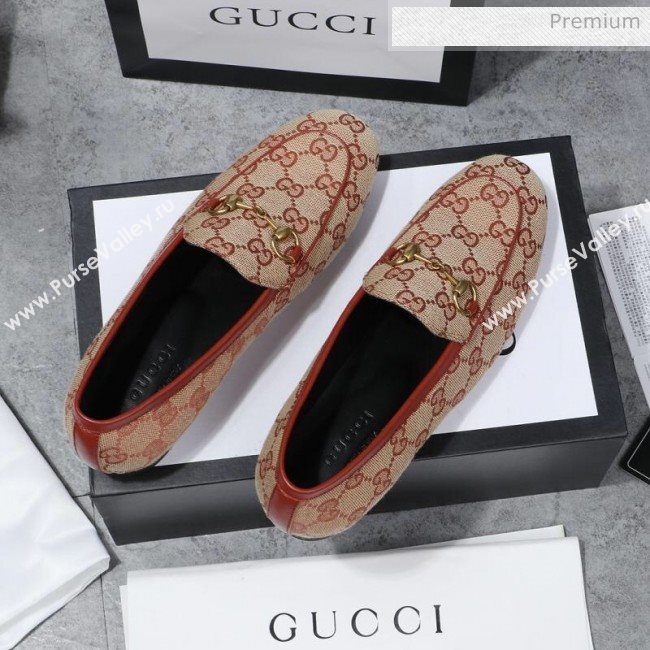 Gucci Jordaan Horsebit GG Canvas Flat Loafers Beige/Brick Red 2020 (MD-200313013)