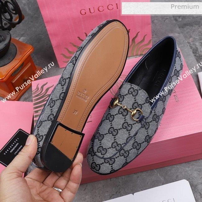 Gucci Jordaan Horsebit GG Canvas Flat Loafers Grey/Navy Blue 2020 (MD-200313015)