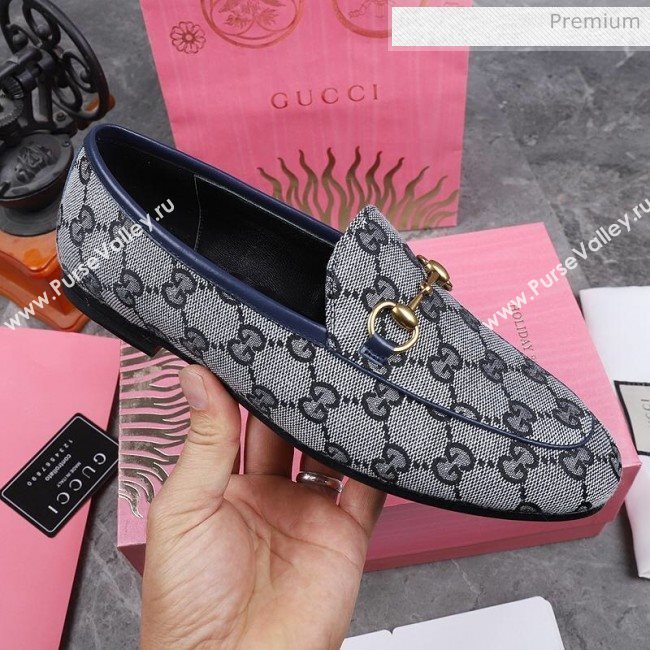 Gucci Jordaan Horsebit GG Canvas Flat Loafers Grey/Navy Blue 2020 (MD-200313015)