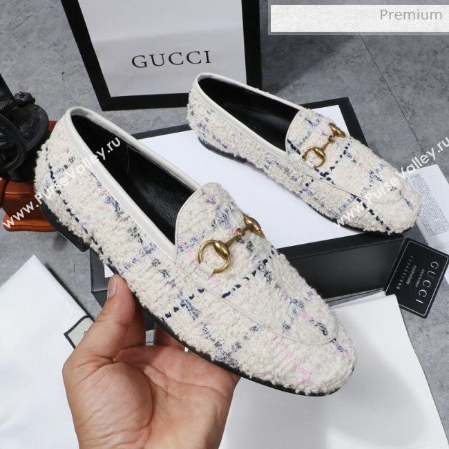 Gucci Jordaan Horsebit Tweed Flat Loafers White 2020 (MD-200313017)