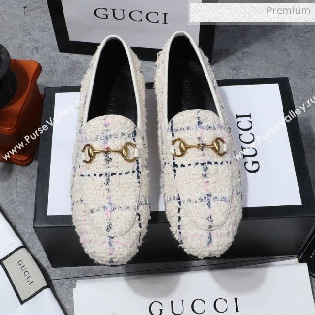 Gucci Jordaan Horsebit Tweed Flat Loafers White 2020 (MD-200313017)