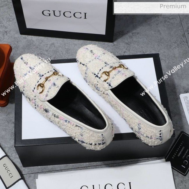 Gucci Jordaan Horsebit Tweed Flat Loafers White 2020 (MD-200313017)