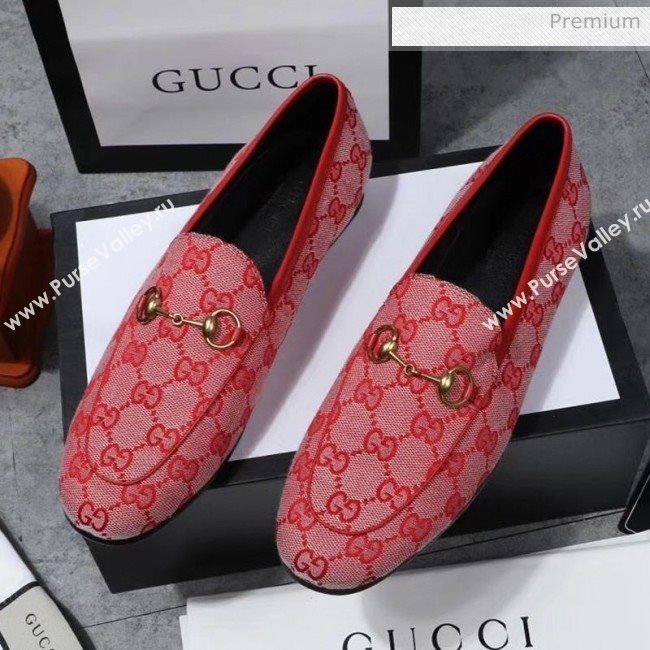 Gucci Jordaan Horsebit GG Canvas Flat Loafers Bright Red 2020 (MD-200313016)