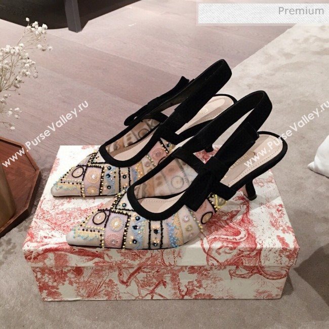 Dior Sweet-D Slingback Pumps in Beads Embroidered Fishnet Nude 2020  (KL-200313021)