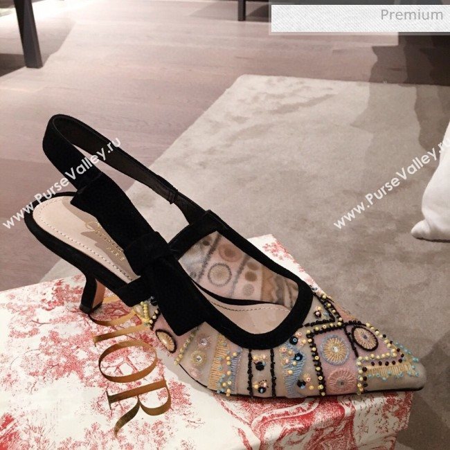Dior Sweet-D Slingback Pumps in Beads Embroidered Fishnet Nude 2020  (KL-200313021)