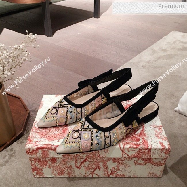 Dior Sweet-D Slingback Flat Bellerinas in Beads Embroidered Fishnet Nude 2020  (KL-200313022)