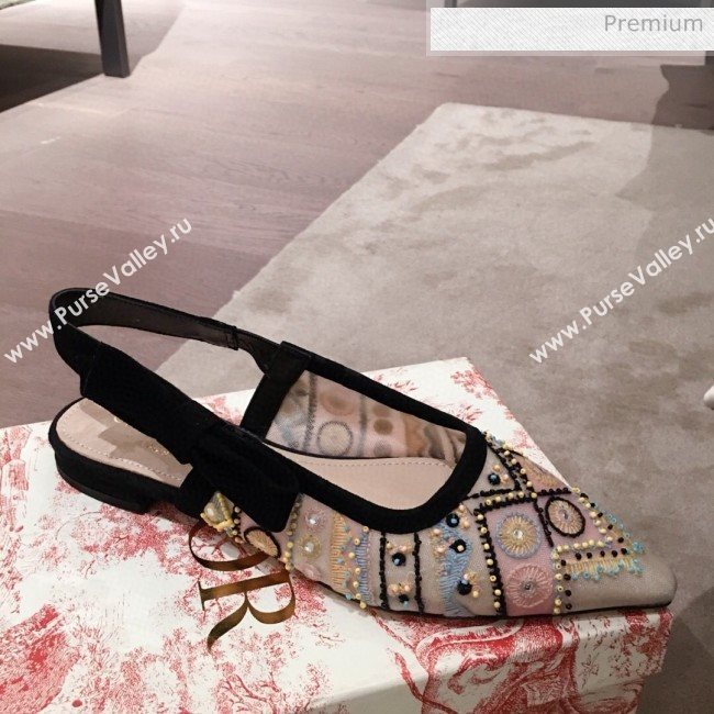 Dior Sweet-D Slingback Flat Bellerinas in Beads Embroidered Fishnet Nude 2020  (KL-200313022)