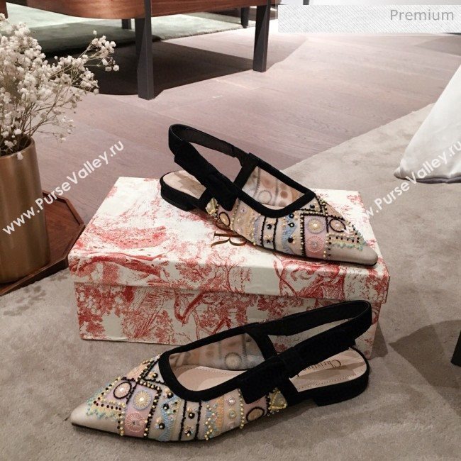 Dior Sweet-D Slingback Flat Bellerinas in Beads Embroidered Fishnet Nude 2020  (KL-200313022)