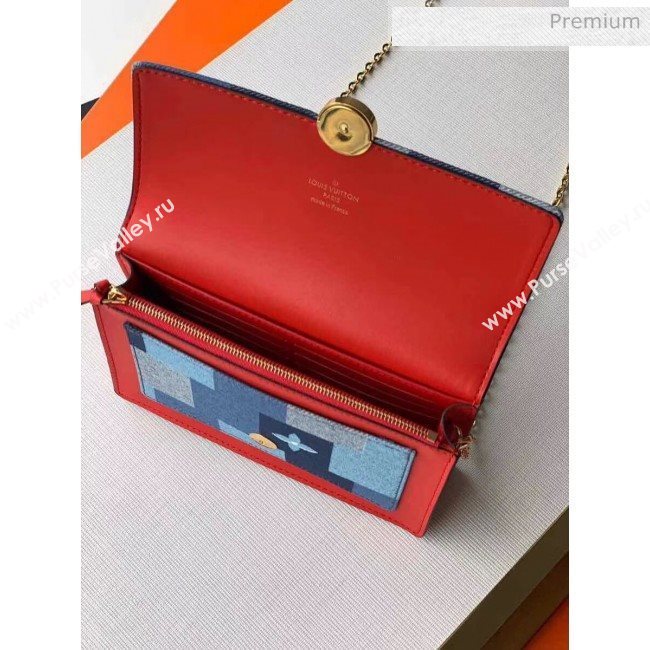 Louis Vuitton Flower Chain Wallet WOC in Damier Monogram Denim Canvas M69036 Blue/Red 2020 (KI-20031109)