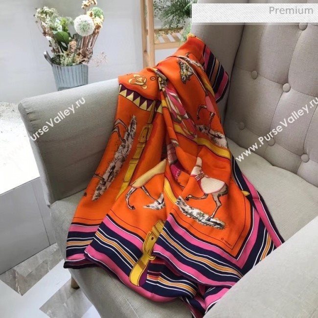 Hermes Patchwork Horse Shawl Scarf 140x140cm Orange (WNS-20031337)