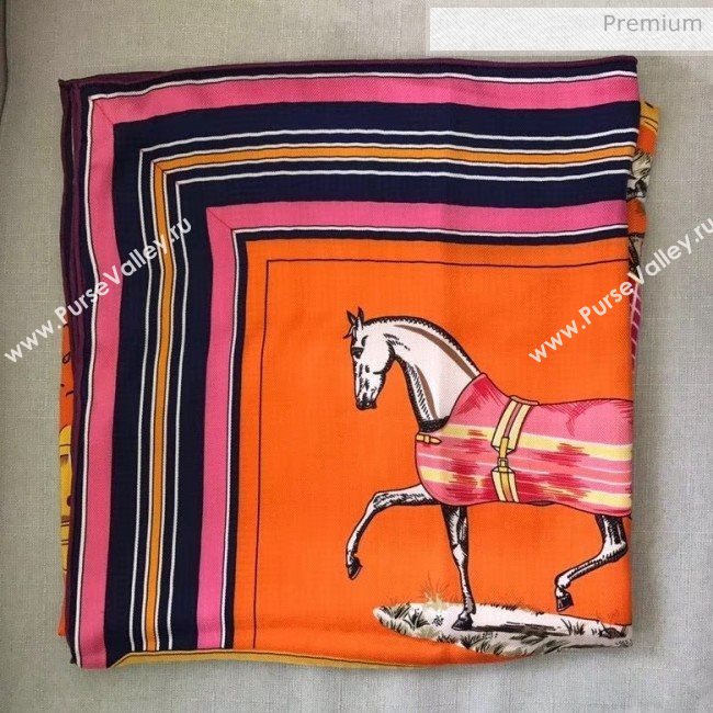Hermes Patchwork Horse Shawl Scarf 140x140cm Orange (WNS-20031337)