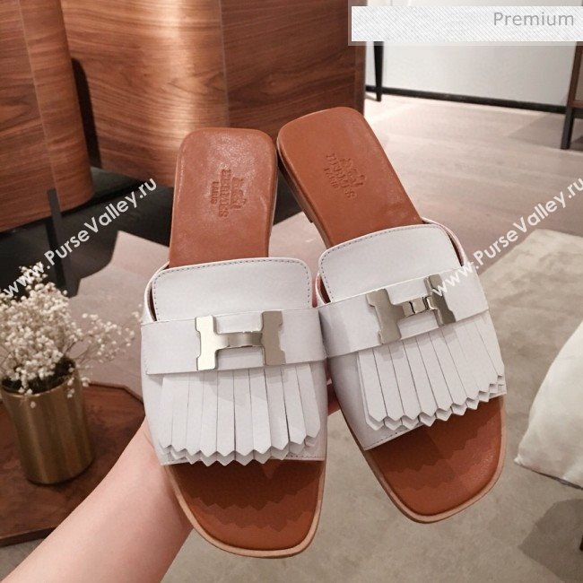 Hermes Auteuil Calfskin Fringe Flat Slide Sandal White 2020 (KL-20031407)