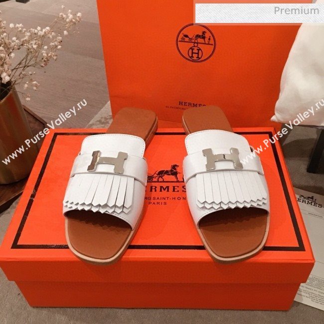 Hermes Auteuil Calfskin Fringe Flat Slide Sandal White 2020 (KL-20031407)