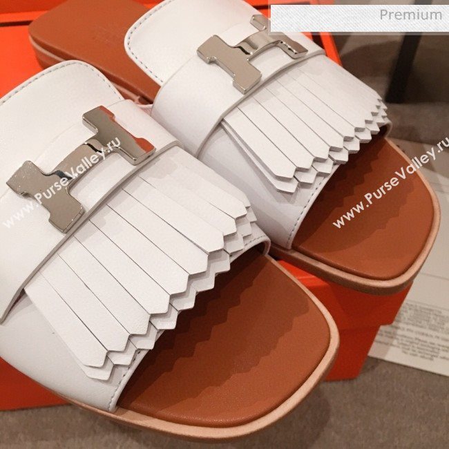Hermes Auteuil Calfskin Fringe Flat Slide Sandal White 2020 (KL-20031407)