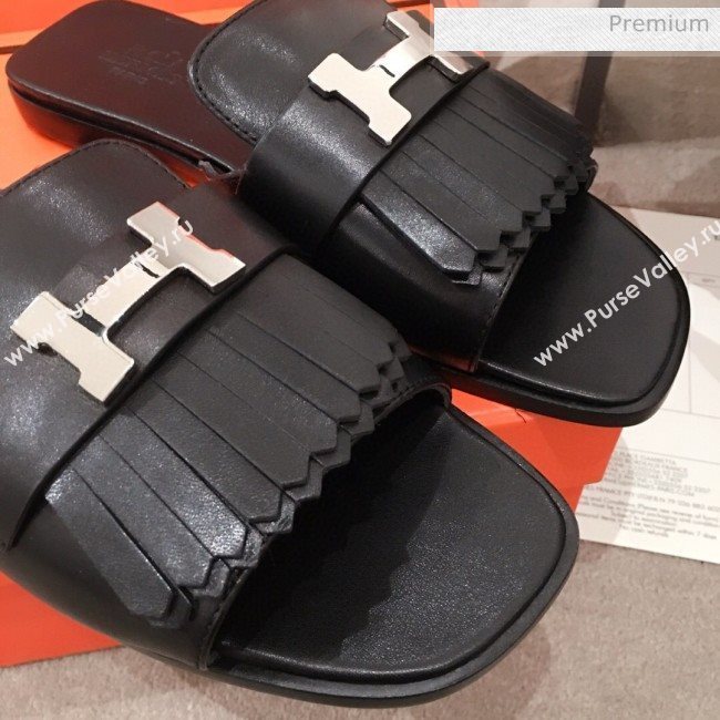 Hermes Auteuil Calfskin Fringe Flat Slide Sandal Black 2020 (KL-20031408)