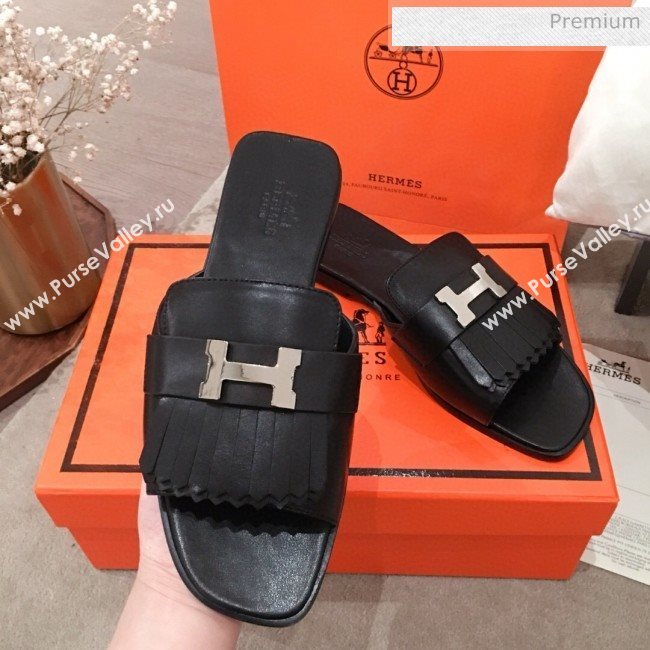 Hermes Auteuil Calfskin Fringe Flat Slide Sandal Black 2020 (KL-20031408)