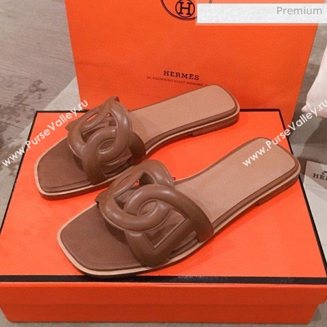 Hermes Aloha Calfskin Fringe Flat Slide Sandal Brown 2020 (KL-20031410)