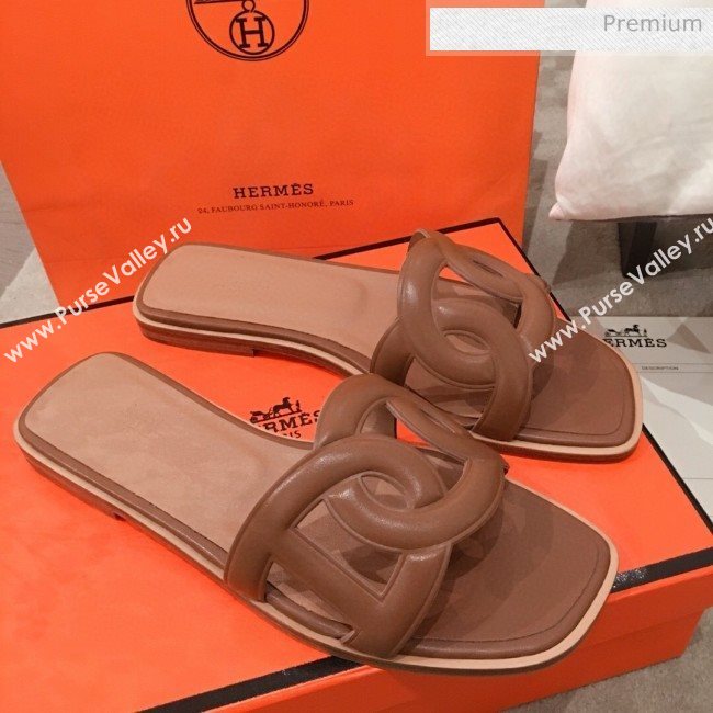 Hermes Aloha Calfskin Fringe Flat Slide Sandal Brown 2020 (KL-20031410)