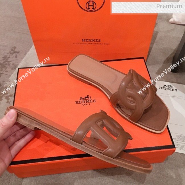 Hermes Aloha Calfskin Fringe Flat Slide Sandal Brown 2020 (KL-20031410)