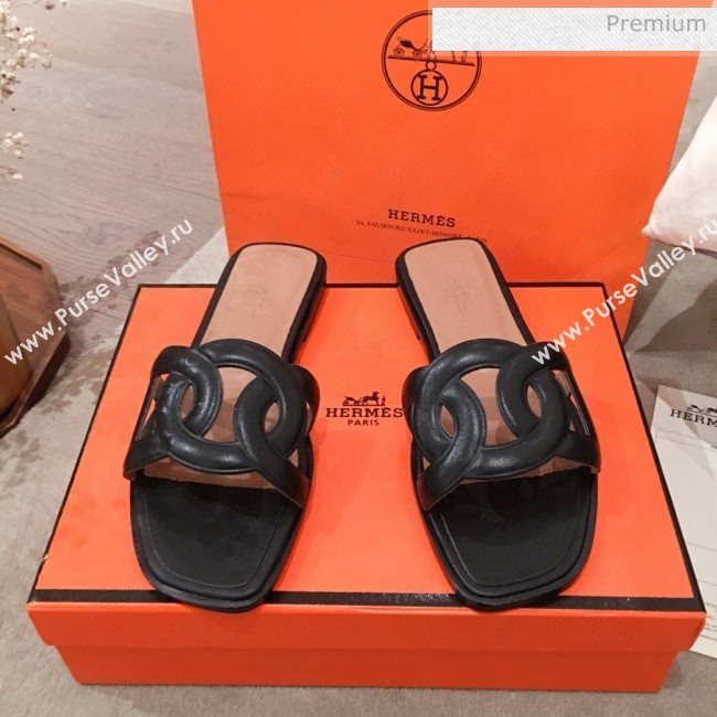 Hermes Aloha Calfskin Fringe Flat Slide Sandal Black 2020 (KL-20031411)