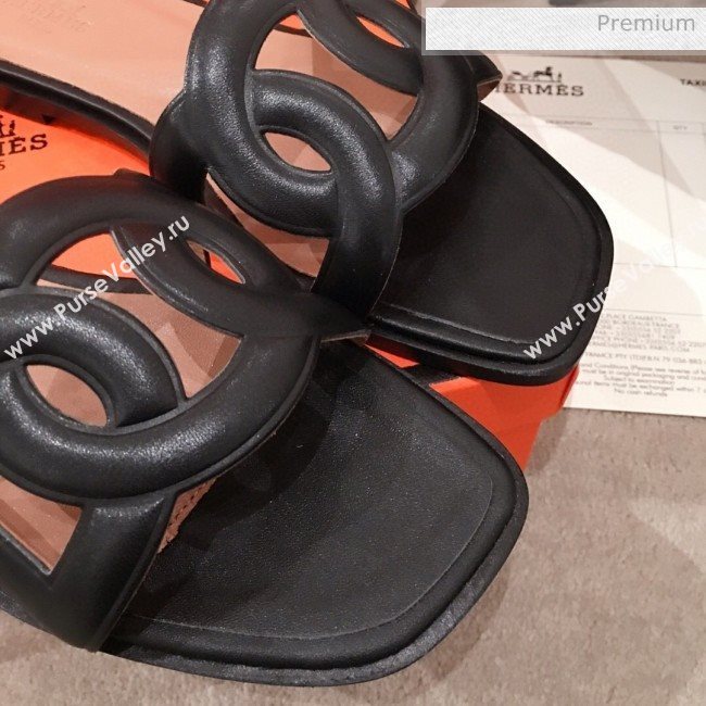Hermes Aloha Calfskin Fringe Flat Slide Sandal Black 2020 (KL-20031411)