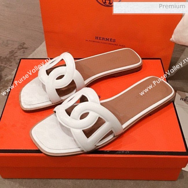 Hermes Aloha Calfskin Fringe Flat Slide Sandal White 2020 (KL-20031409)