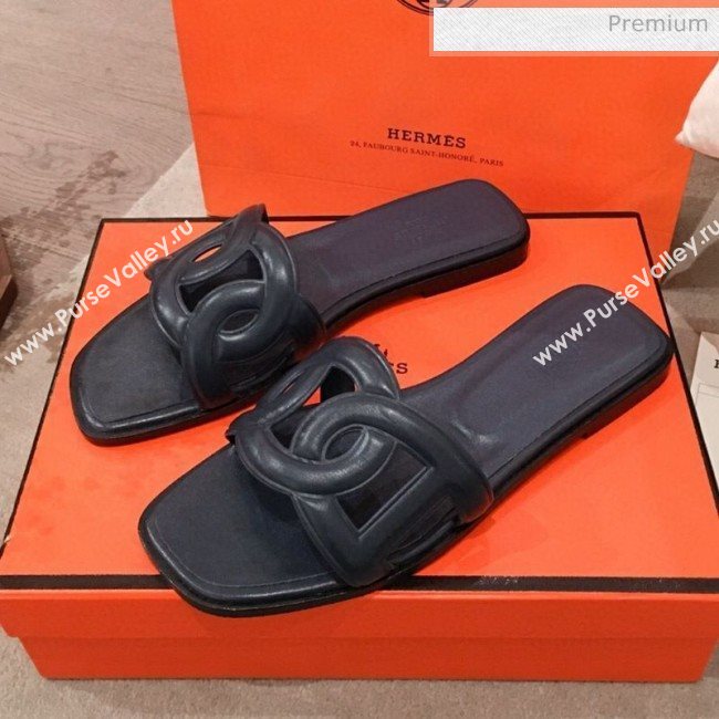 Hermes Aloha Calfskin Fringe Flat Slide Sandal Navy Blue 2020 (KL-20031414)