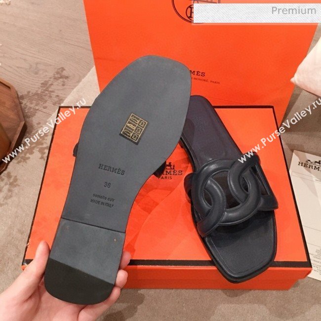 Hermes Aloha Calfskin Fringe Flat Slide Sandal Navy Blue 2020 (KL-20031414)