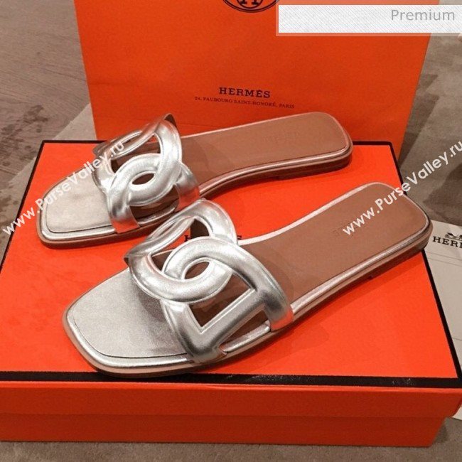 Hermes Aloha Calfskin Fringe Flat Slide Sandal Silver 2020 (KL-20031415)